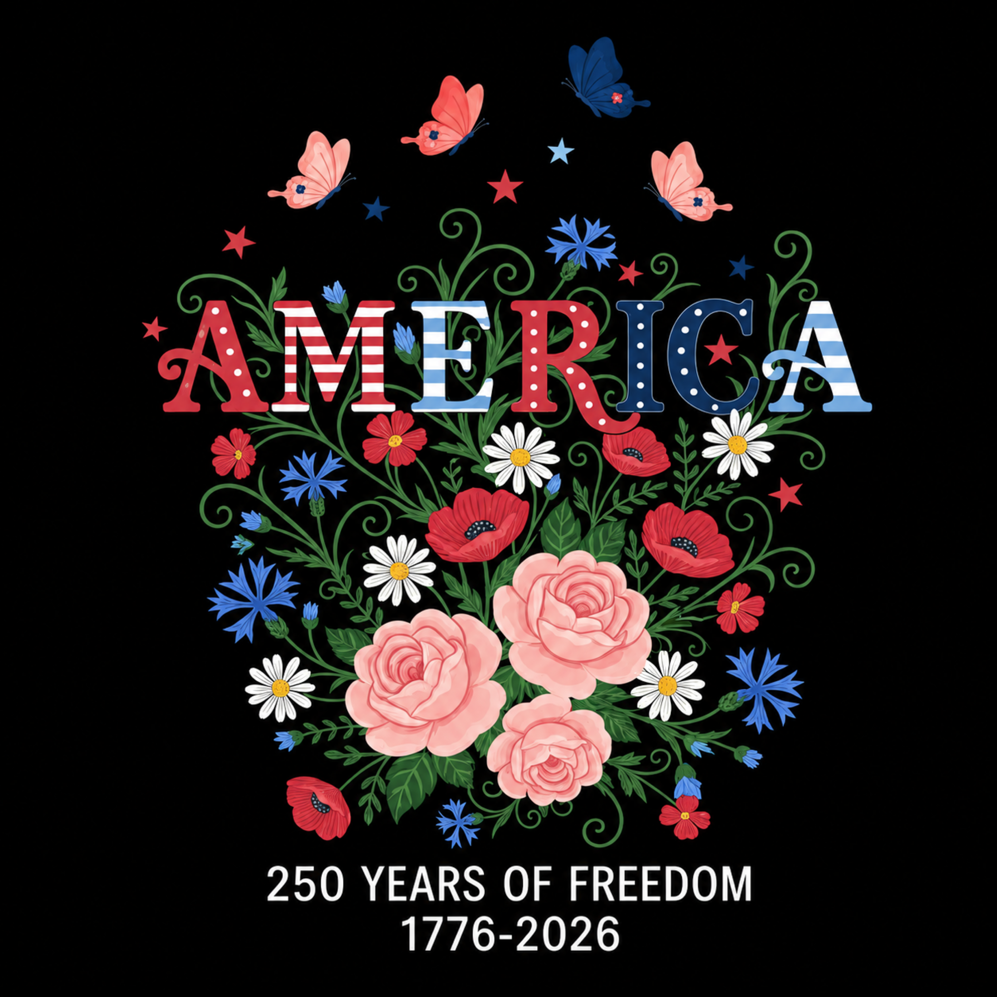 America 250 Years of Freedom Floral Patriotic T-Shirt ,USA Anniversary 1776–2026 Tee