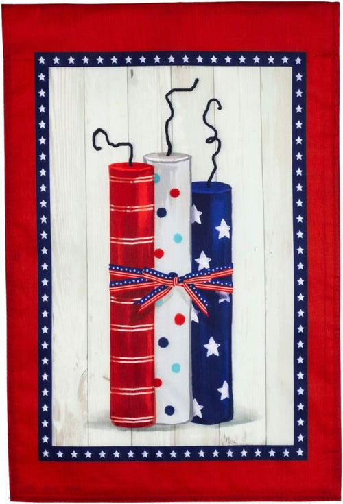 Decorative wall art with red, white, and blue cylindrical objects against a white background.