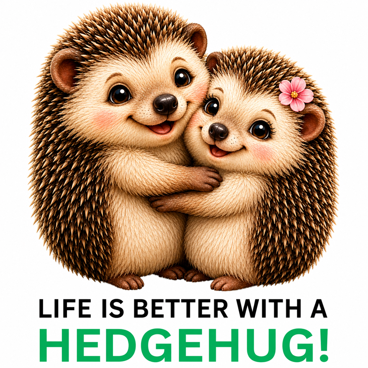 A digital illustration of two cute, hugging hedgehogs with a pink flower on one hedgehog's head, above the text 'LIFE IS BETTER WITH A HEDGEHUG!' on a plain white background.