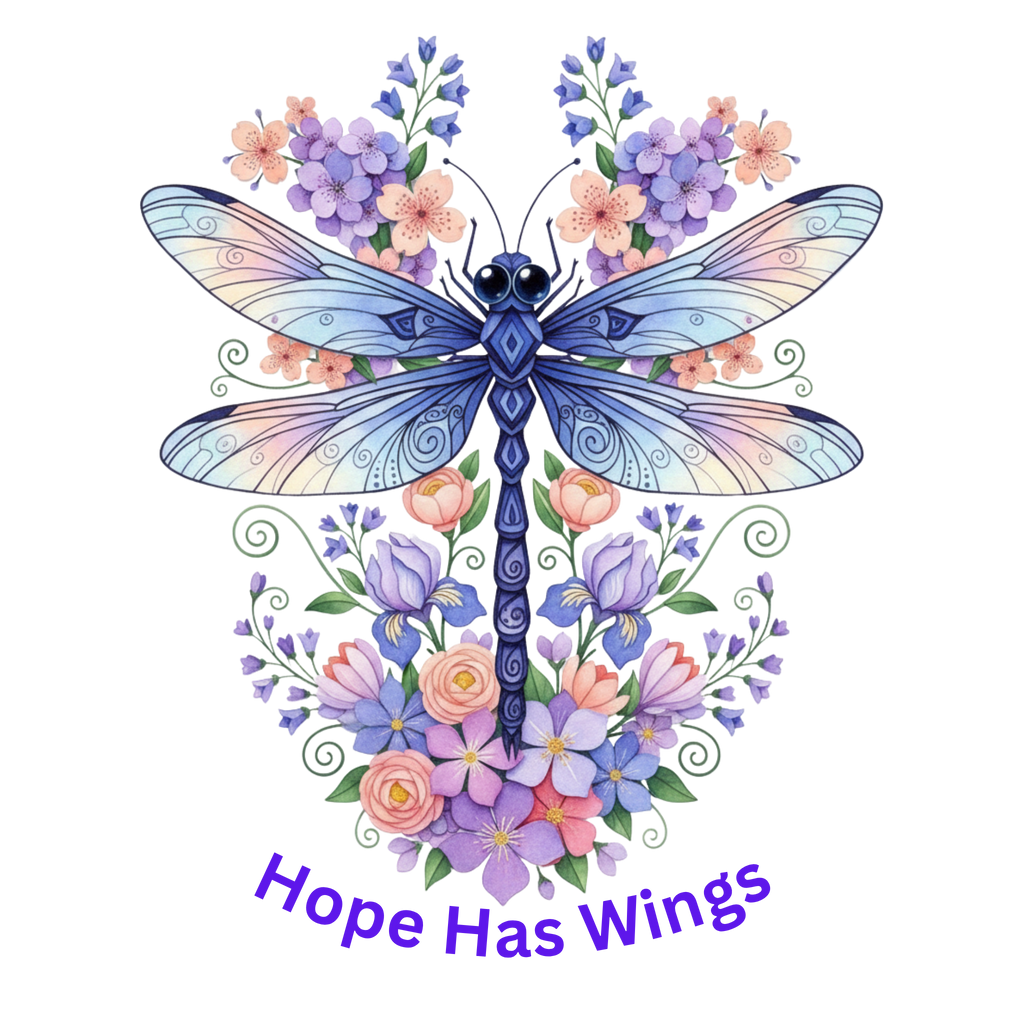 A decorative dragonfly illustration with pastel blue, lavender, peach, and purple flowers, plus the text 'Hope Has Wings' below, shown on a plain white background.