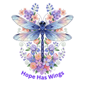 A decorative dragonfly illustration with pastel blue, lavender, peach, and purple flowers, plus the text 'Hope Has Wings' below, shown on a plain white background.