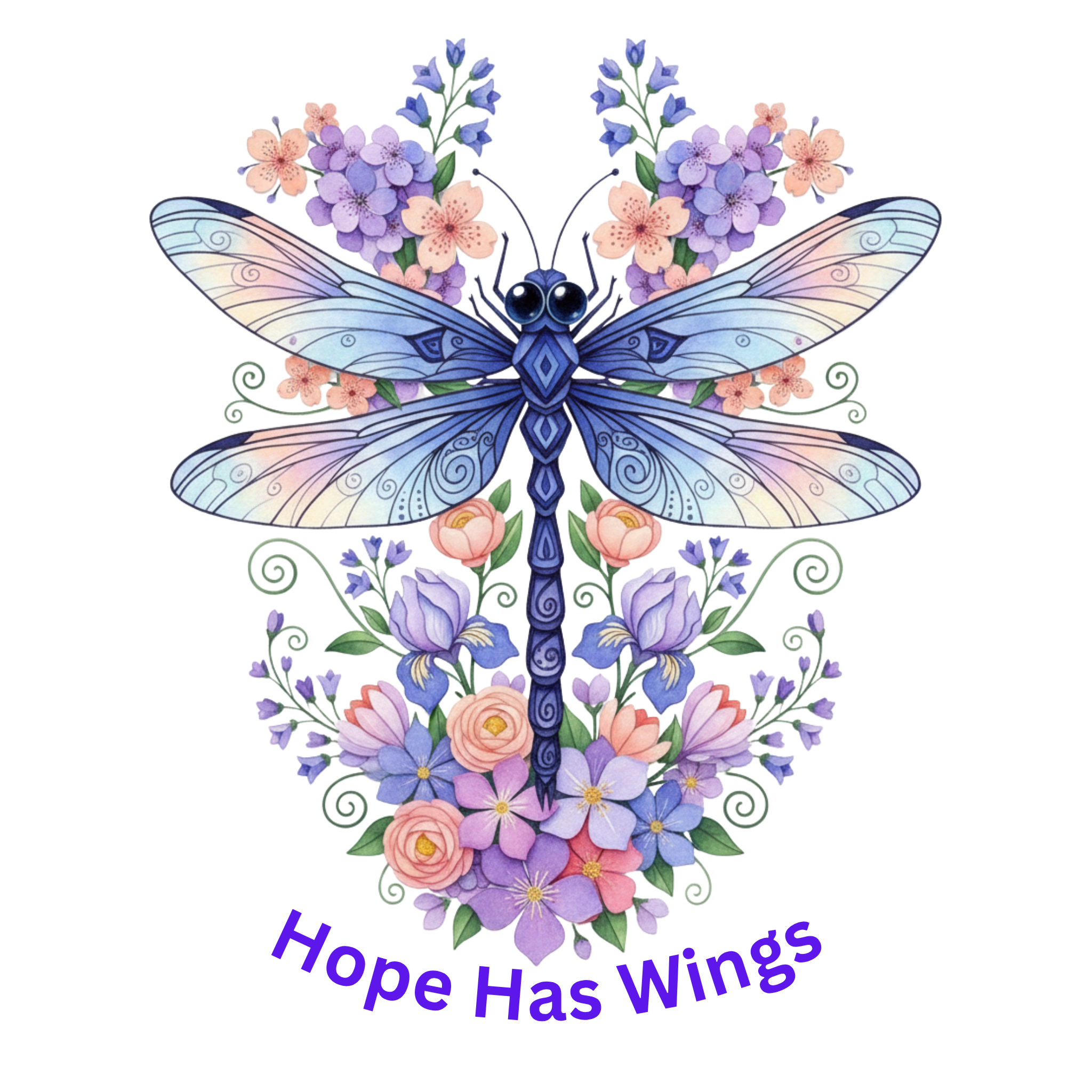 A decorative dragonfly illustration with pastel blue, lavender, peach, and purple flowers, plus the text 'Hope Has Wings' below, shown on a plain white background.