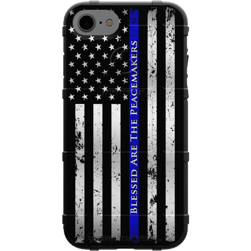Phone case with American flag design and text 'Blessed are the Peacemakers' on a white background
