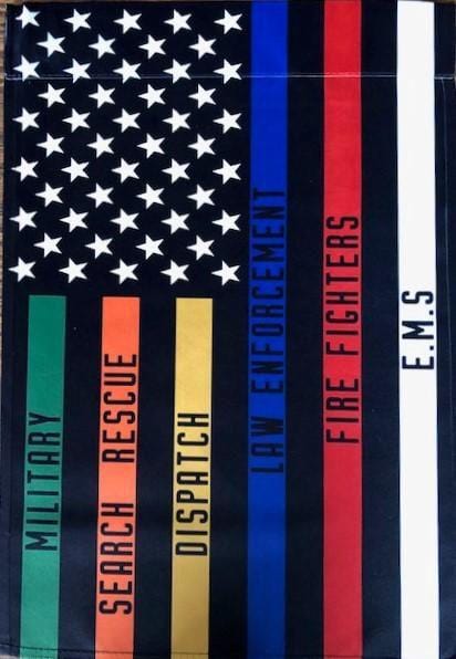 Multicolored flag with text and stripes resembling the American flag