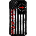 Phone case with American flag design and text on a white background