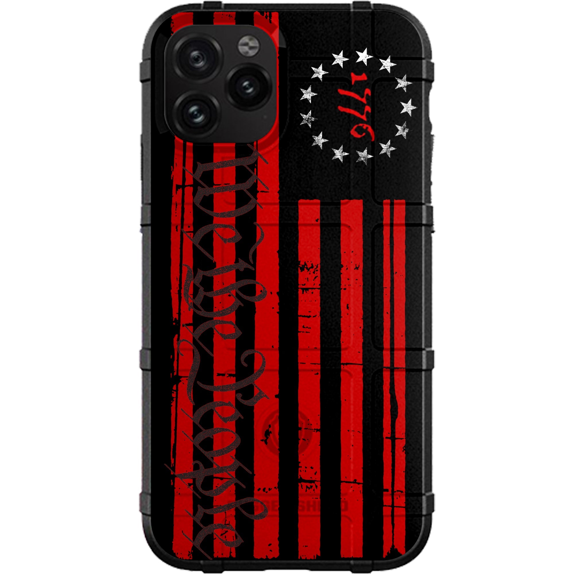 Phone case with American flag design and 'Betsy Ross' logo on a white background