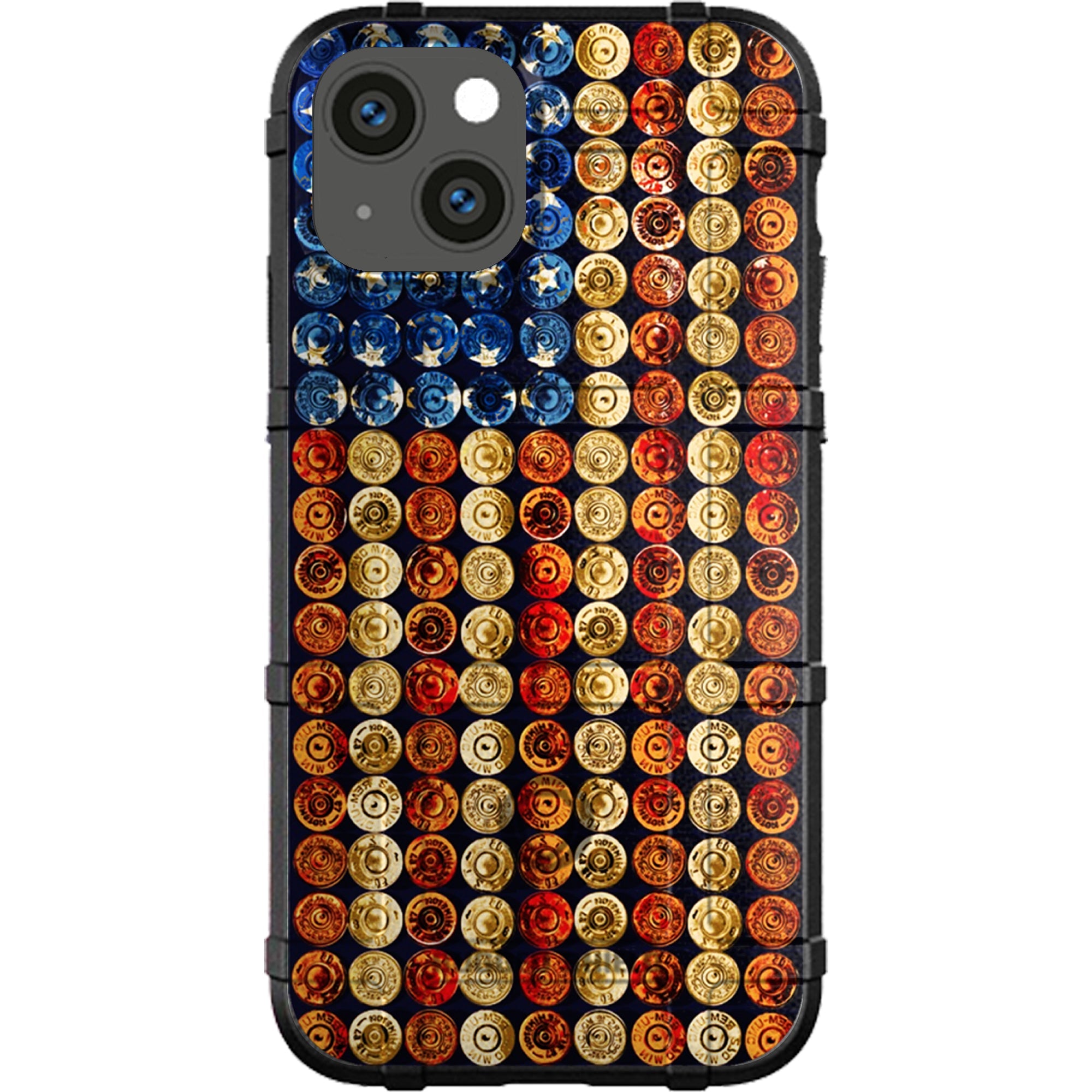 Phone case with colorful bullet casing pattern on a white background