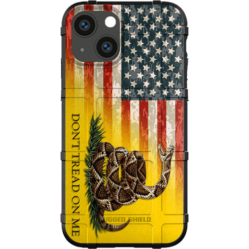 Phone case with American flag and rattlesnake design, featuring 'Don't Tread on Me' text.