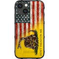 Phone case with American flag, rattlesnake, and 'Don't Tread on Me' text on a yellow background
