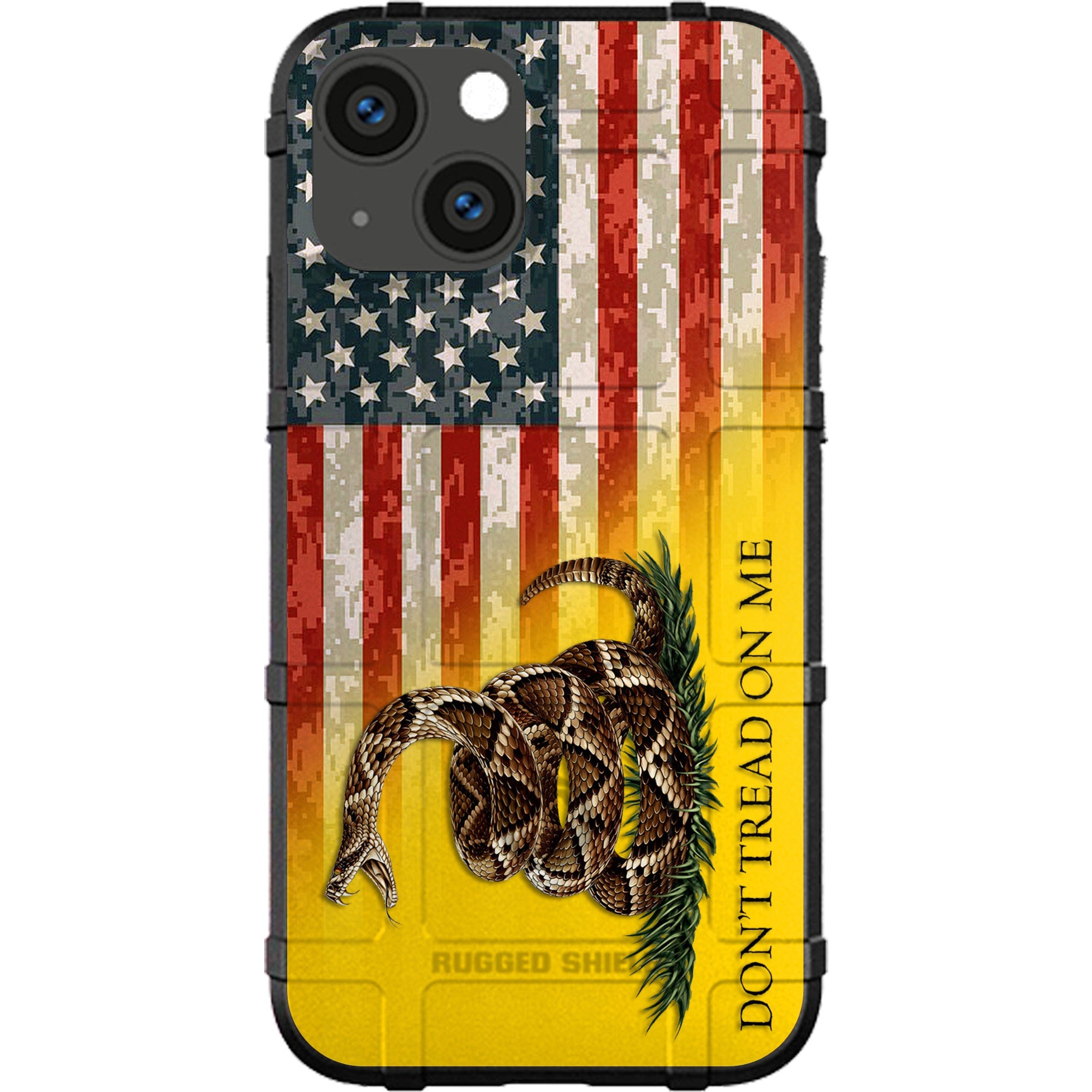 Phone case with American flag, rattlesnake, and 'Don't Tread on Me' text on a yellow background