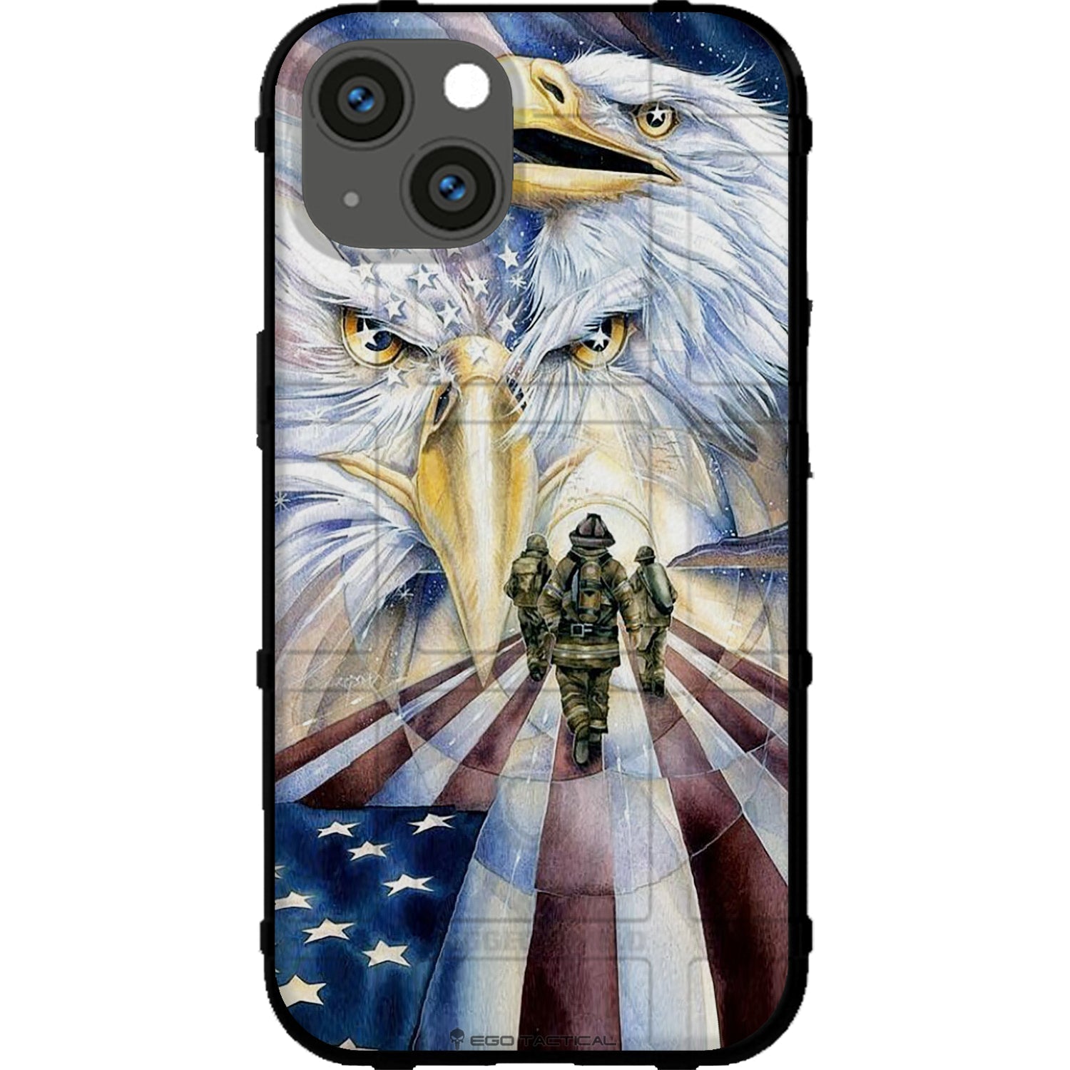 Phone case with an eagle and a soldier on an American flag background