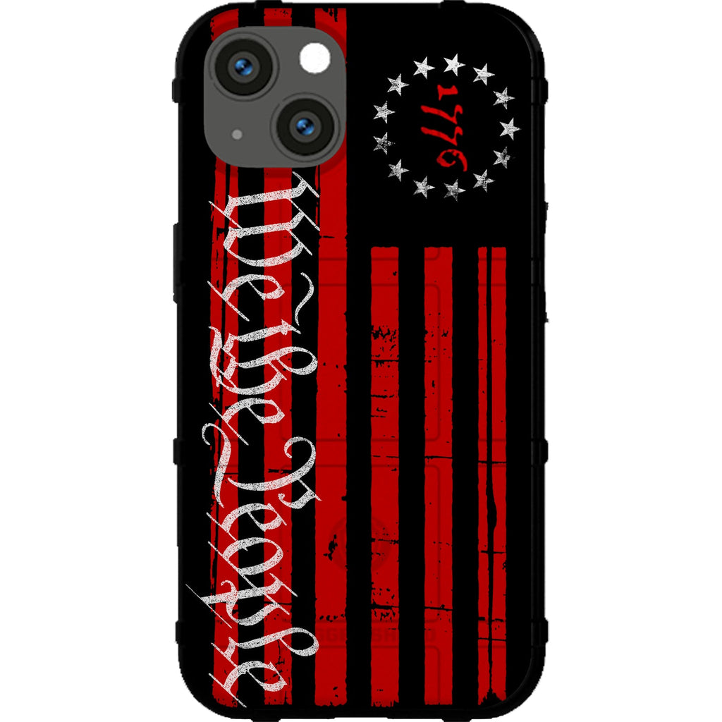 Phone case with American flag design and 'We the People' text on a black background