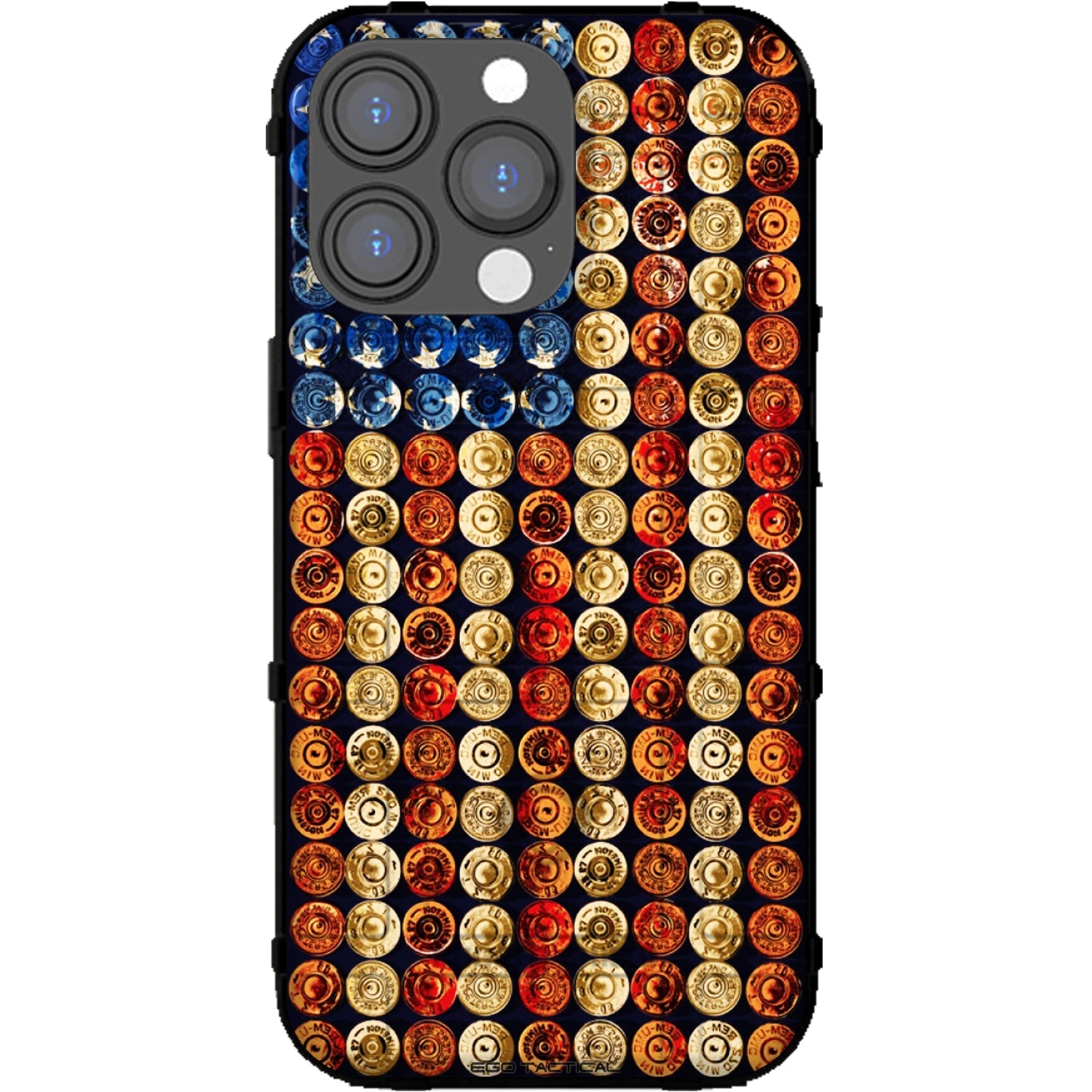 Phone case with a pattern of colorful bullet casings on a white background
