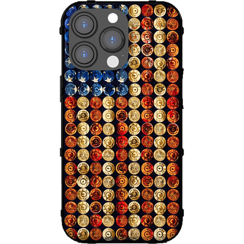 Phone case with a pattern of colorful bullet casings on a white background