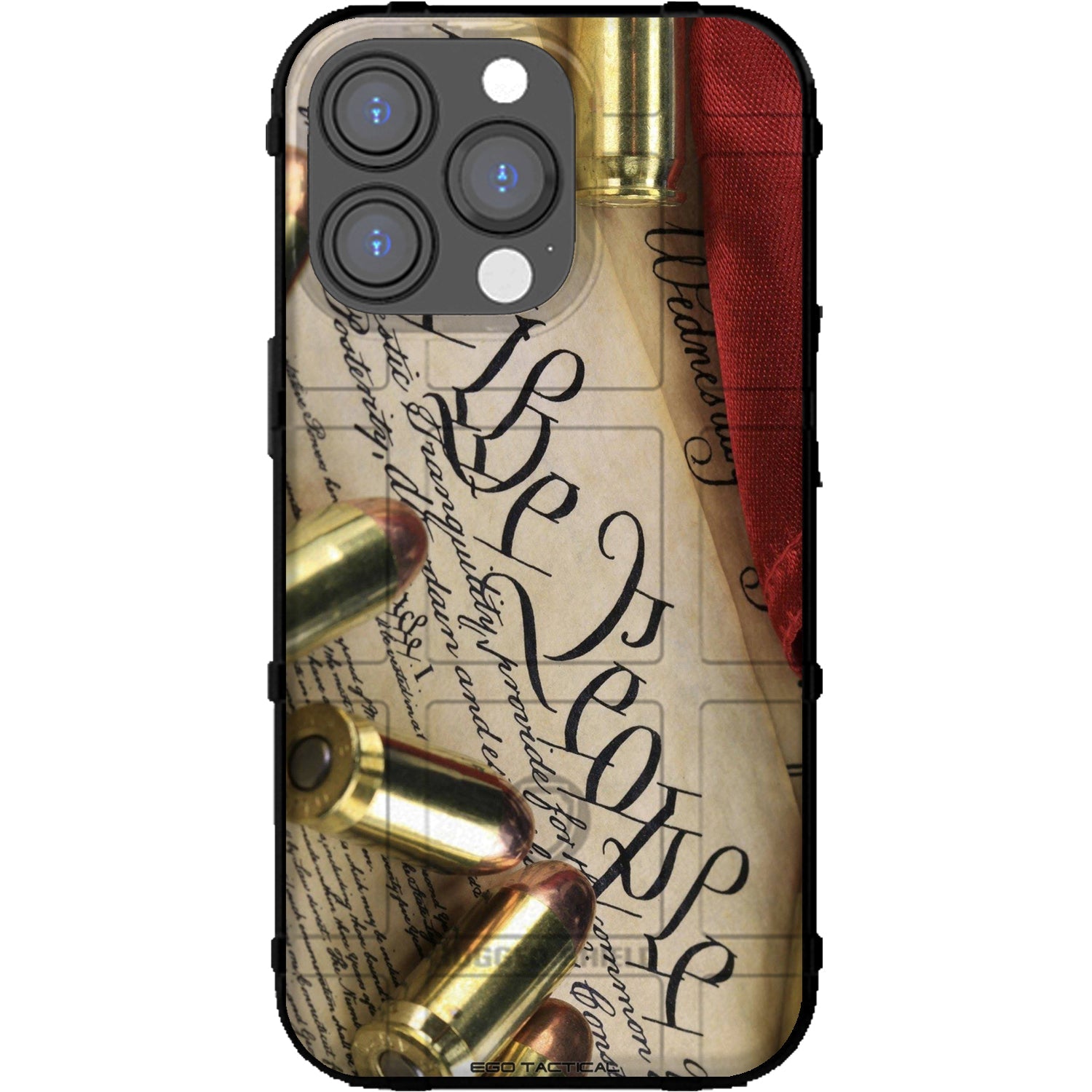 Phone case with bullet design and text on a white background