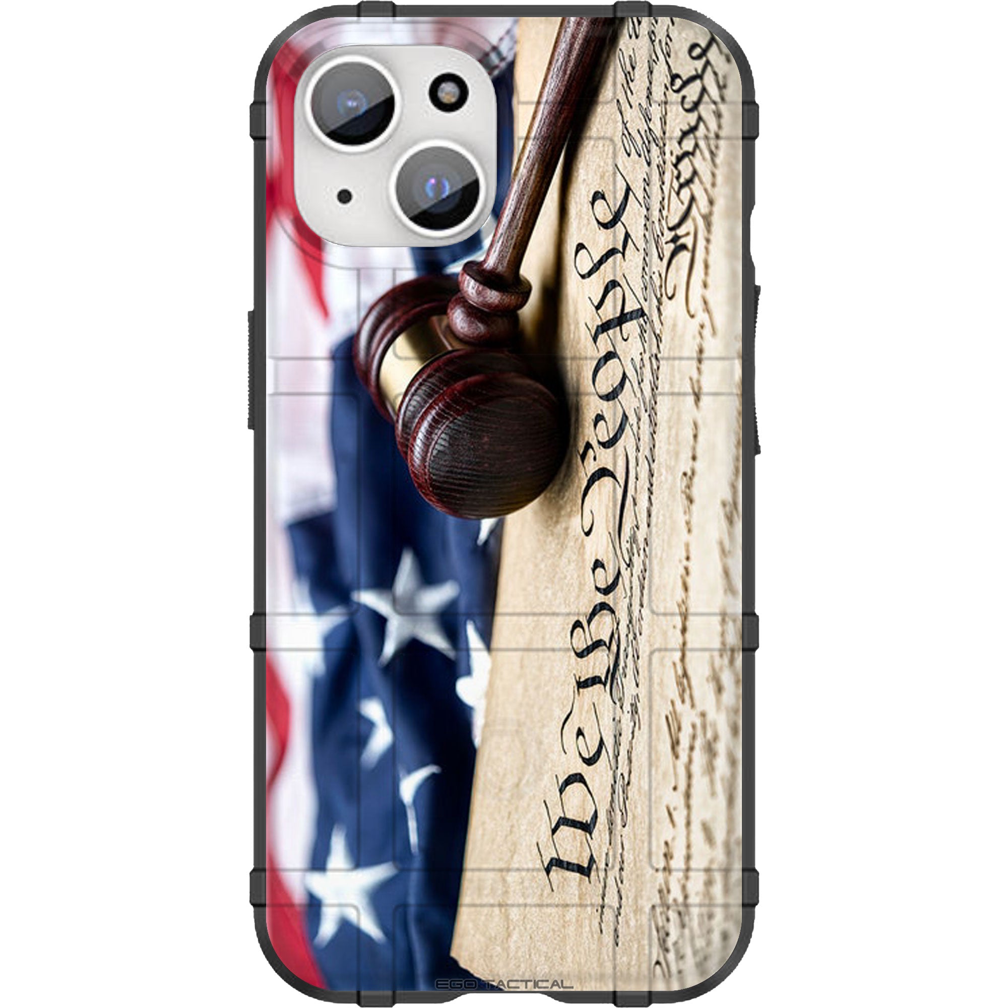Phone case with gavel, American flag, and 'We the People' text on a white background