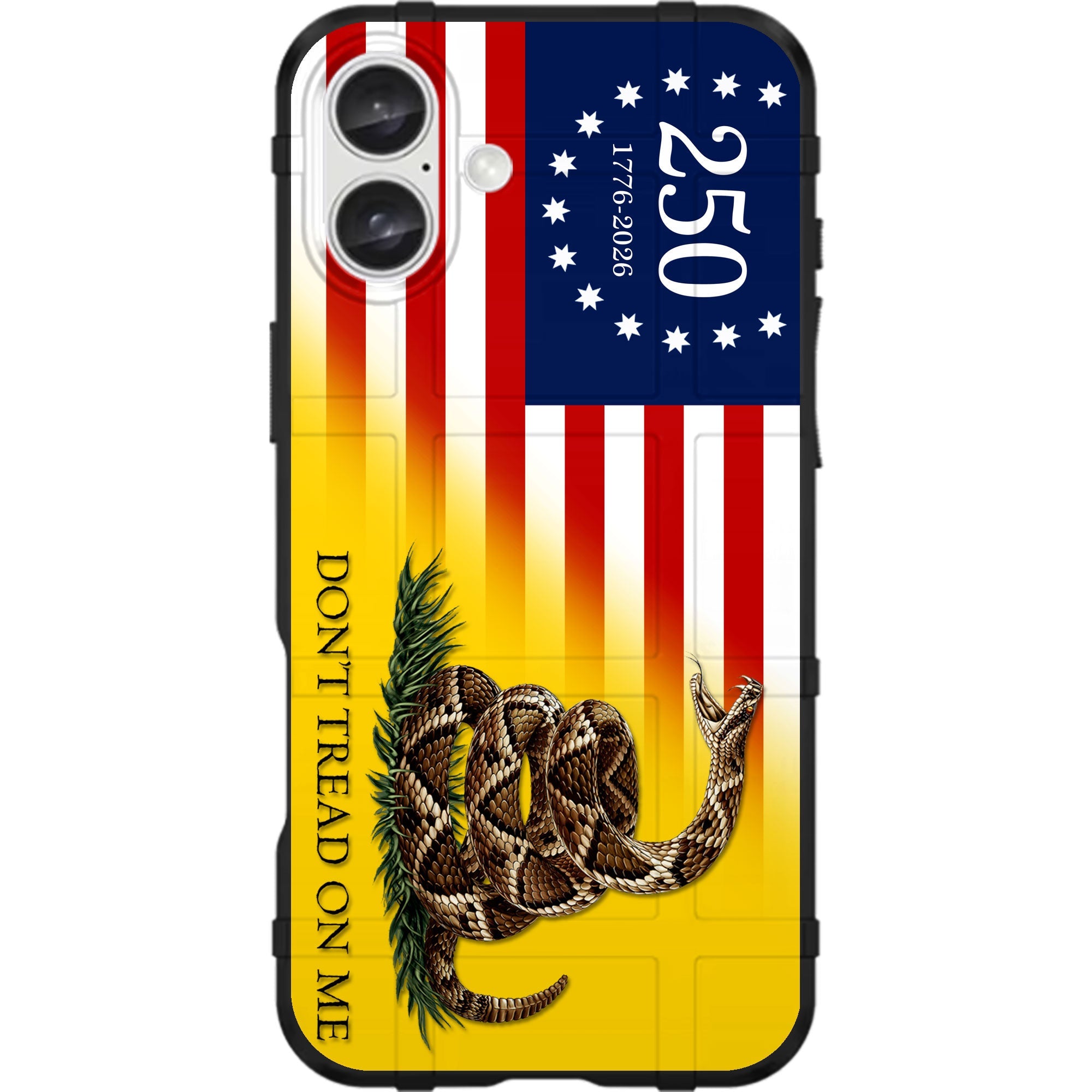 Phone case with American flag, rattlesnake, and 'Don't Tread on Me' text