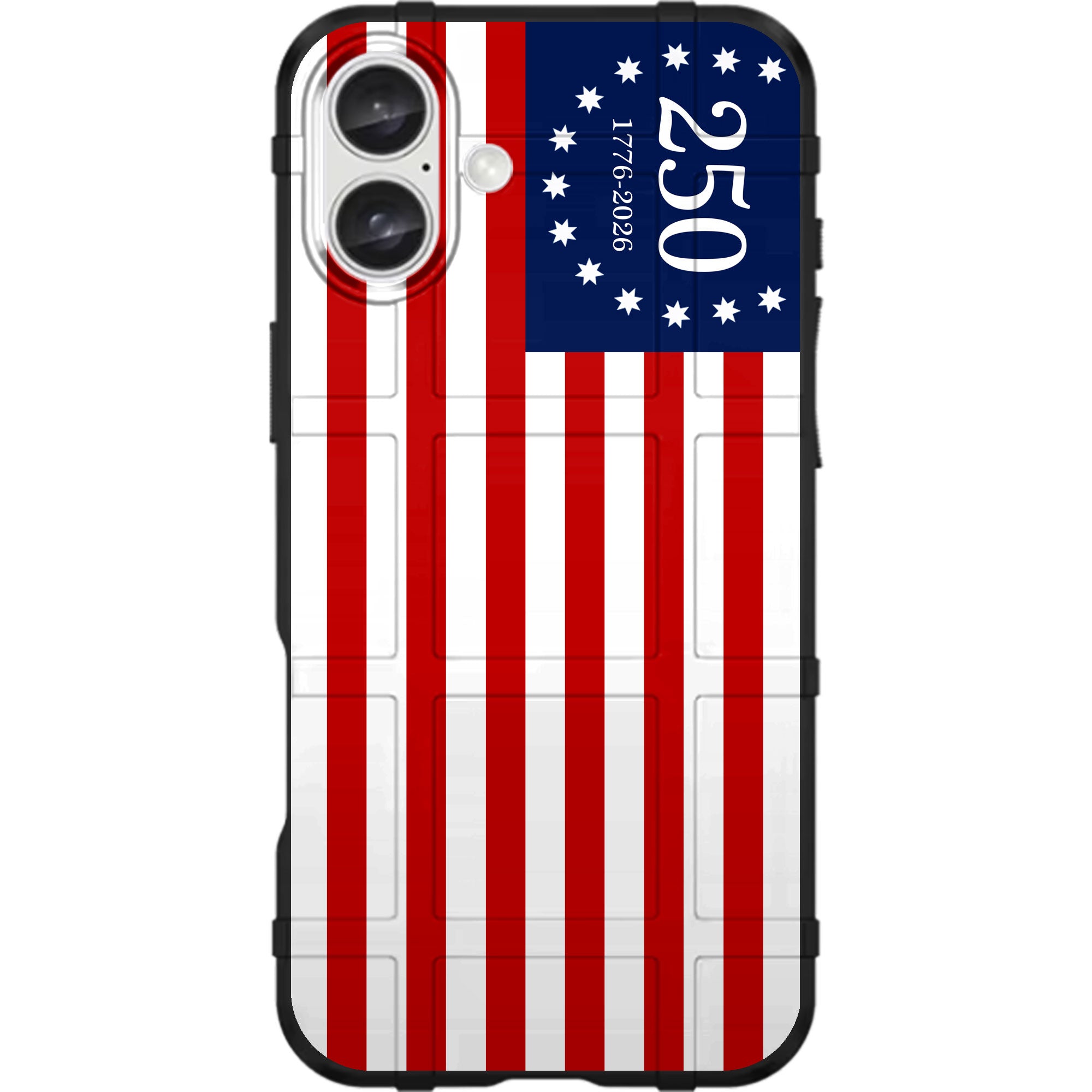 Phone case with American flag design and number 250 on a white background