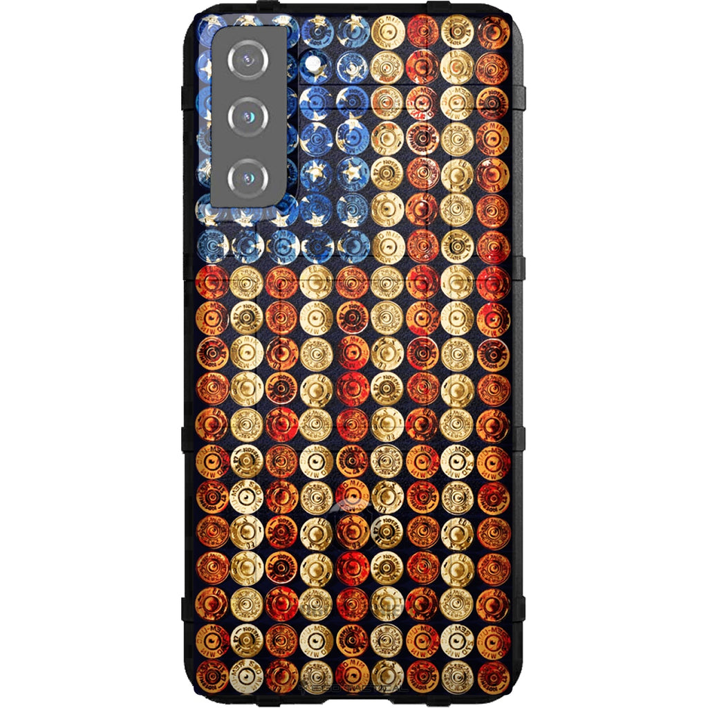 Phone case with a pattern of colorful bullet casings on a white background