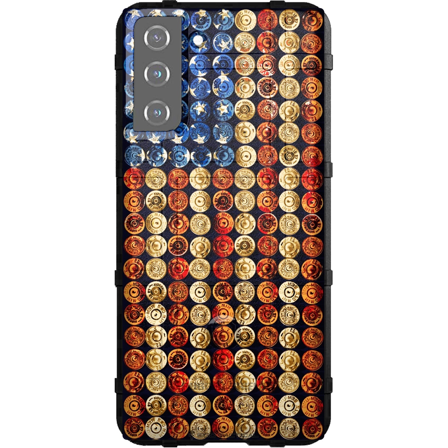 Phone case with a pattern of colorful bullet casings on a white background