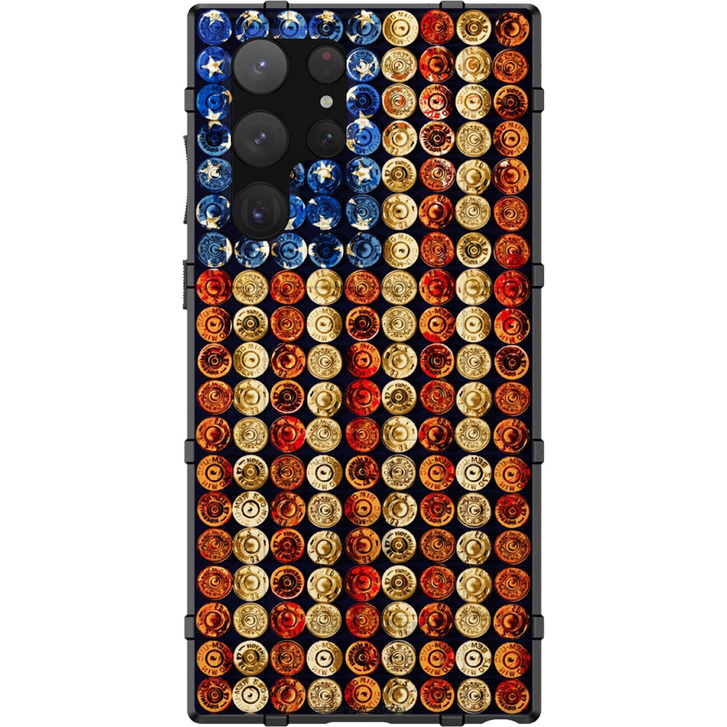Phone case with colorful bullet casings on a white background
