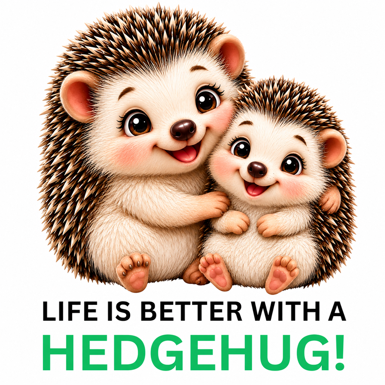 Two cute cartoon hedgehogs hugging with the text 'LIFE IS BETTER WITH A HEDGEHUG!' below them on a plain white background.