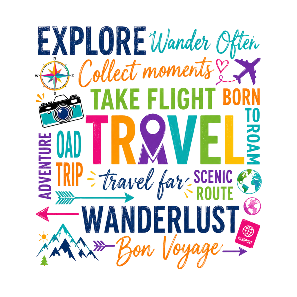 Travel T-Shirt Square– Explore Wanderlust Adventure & Bon Voyage Graphic Tee Travell, Typography Stack