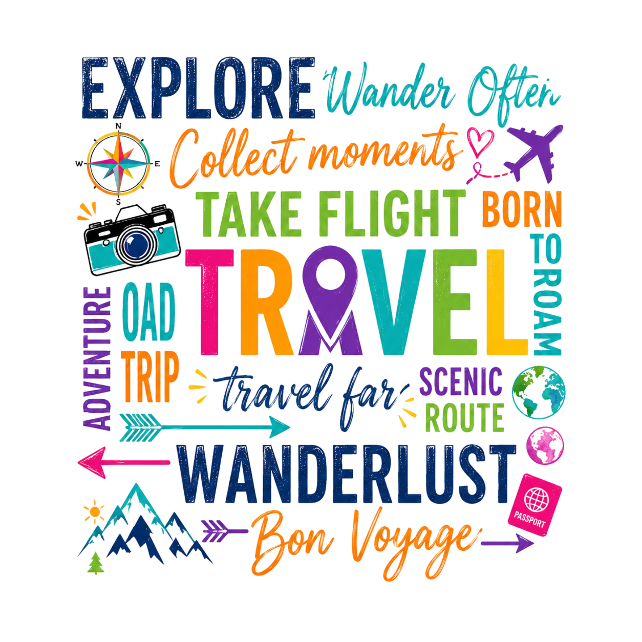 Travel T-Shirt Square– Explore Wanderlust Adventure & Bon Voyage Graphic Tee Travell, Typography Stack