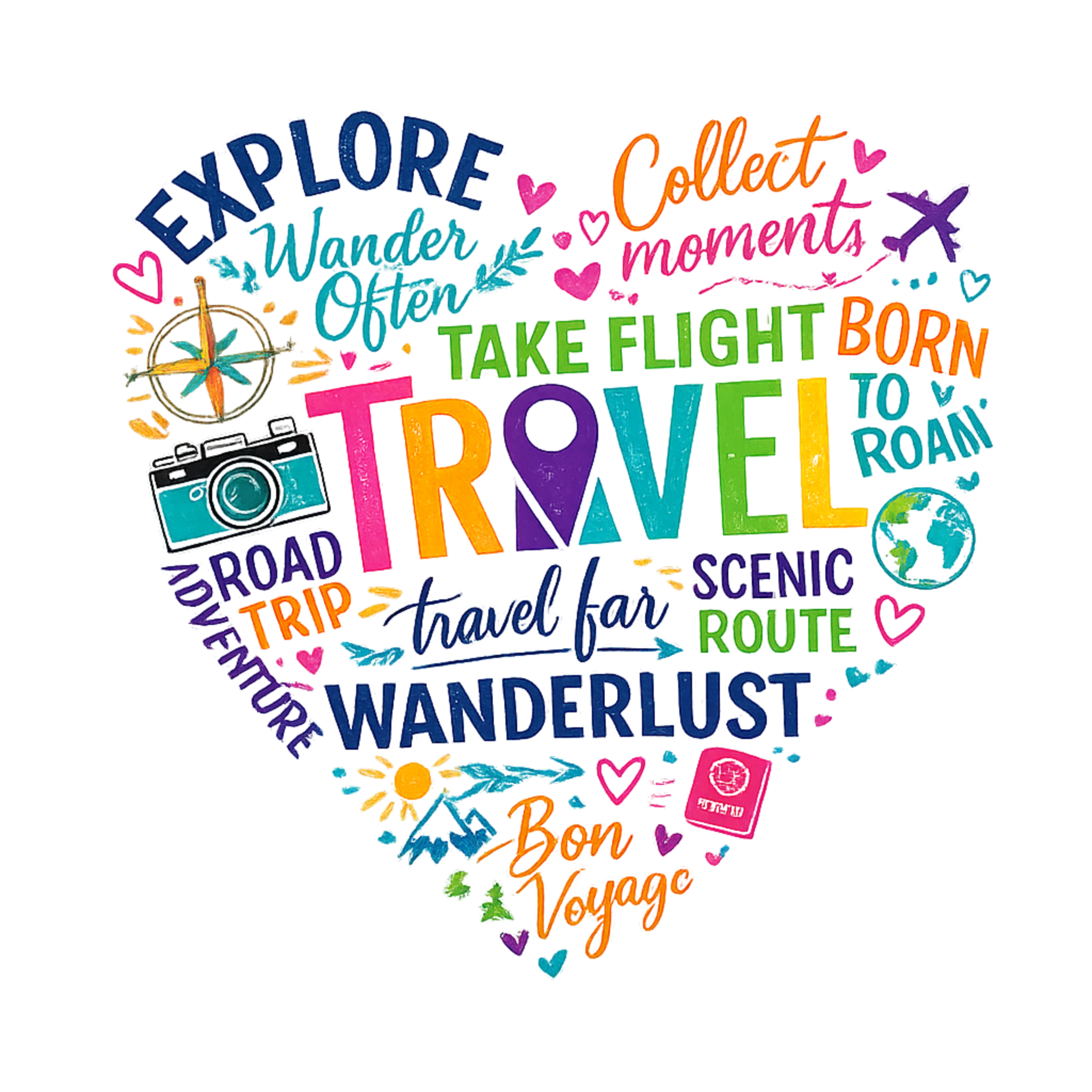 Travel Heart T-Shirt – Explore Wanderlust Travel Far Colorful Adventure Tee