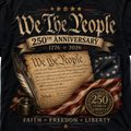 T-shirt design celebrating the 250th anniversary of the United States Constitution with American flag and text.