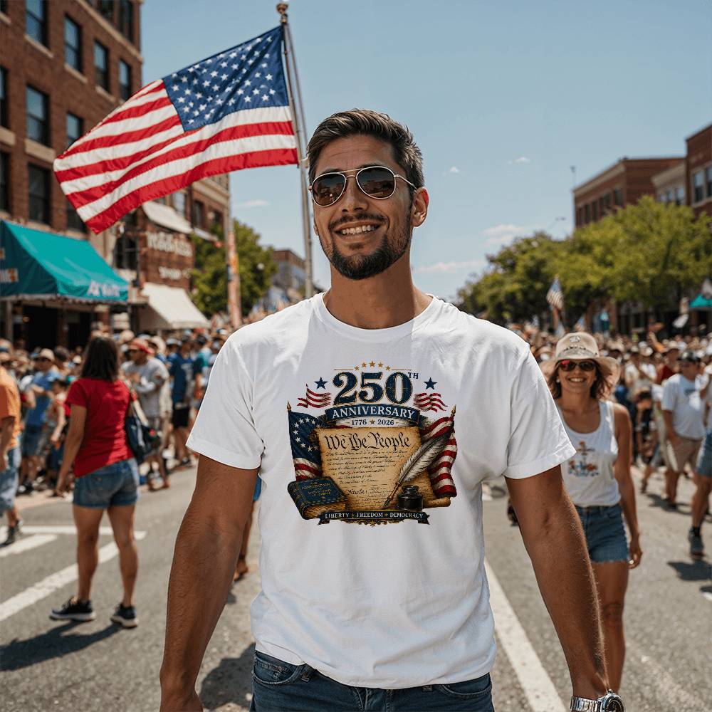 A man wearing a white graphic t-shirt with a '250th Anniversary' American flag design walks down a crowded outdoor street during a parade or festival, holding a large American flag.