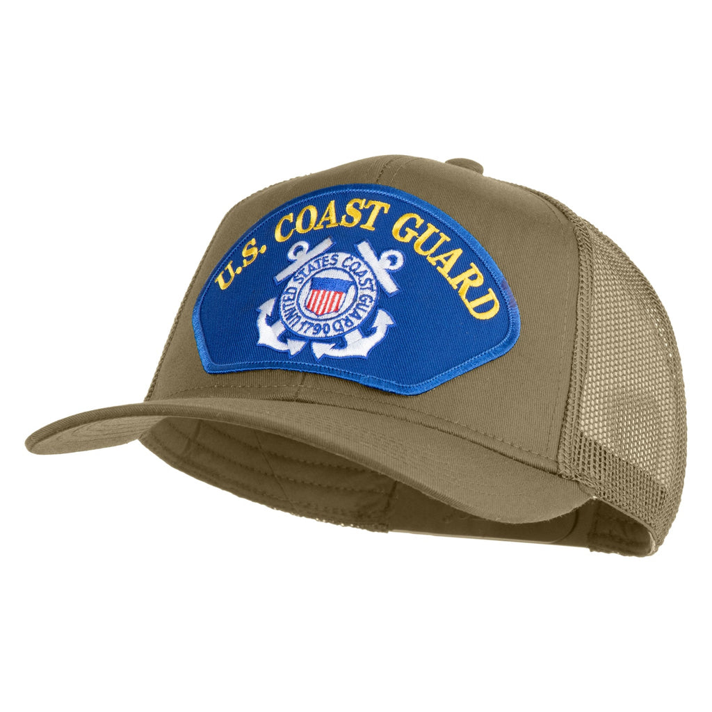 Khaki cap with U.S. Coast Guard patch on a white background