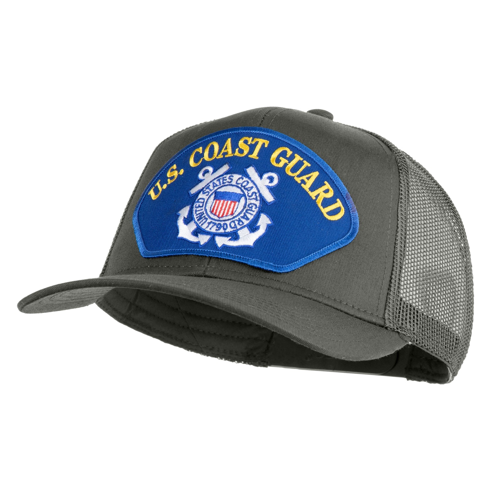 Gray cap with U.S. Coast Guard patch on a white background