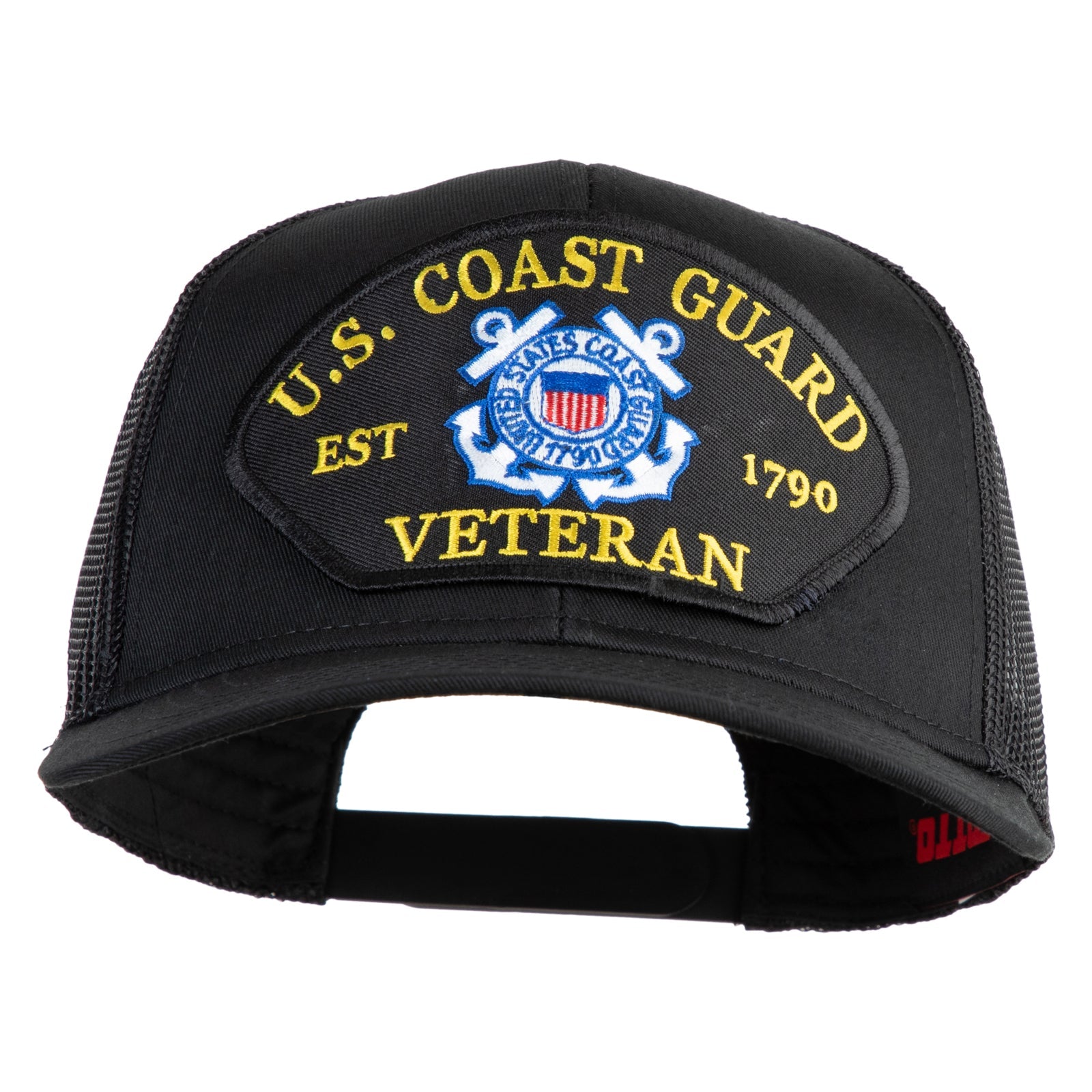Black cap with U.S. Coast Guard Veteran patch on a white background