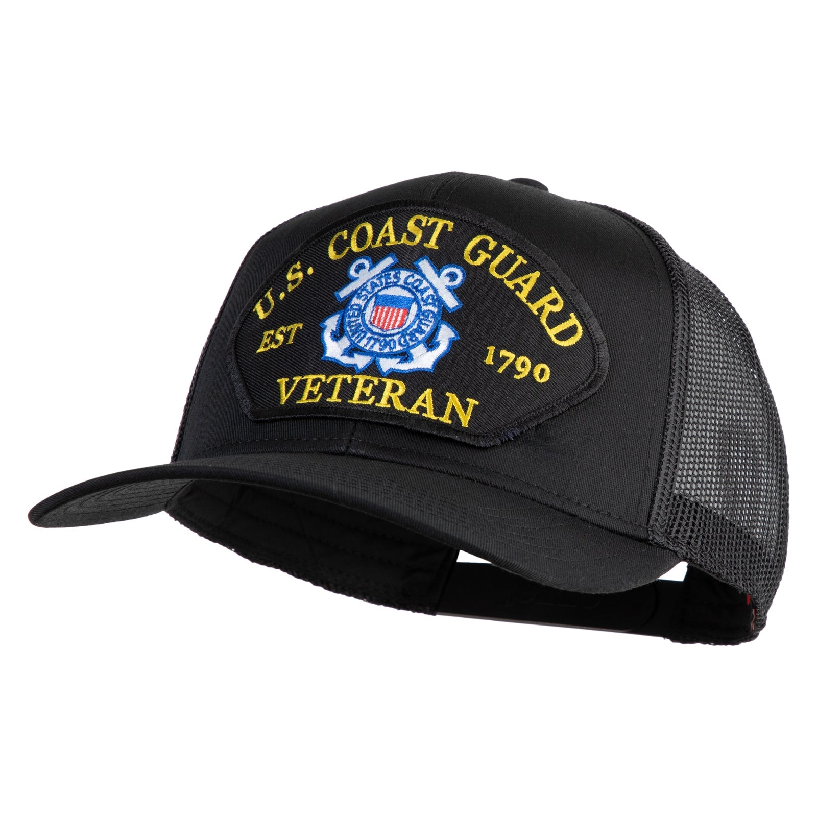 Black cap with U.S. Coast Guard Veteran patch on a white background