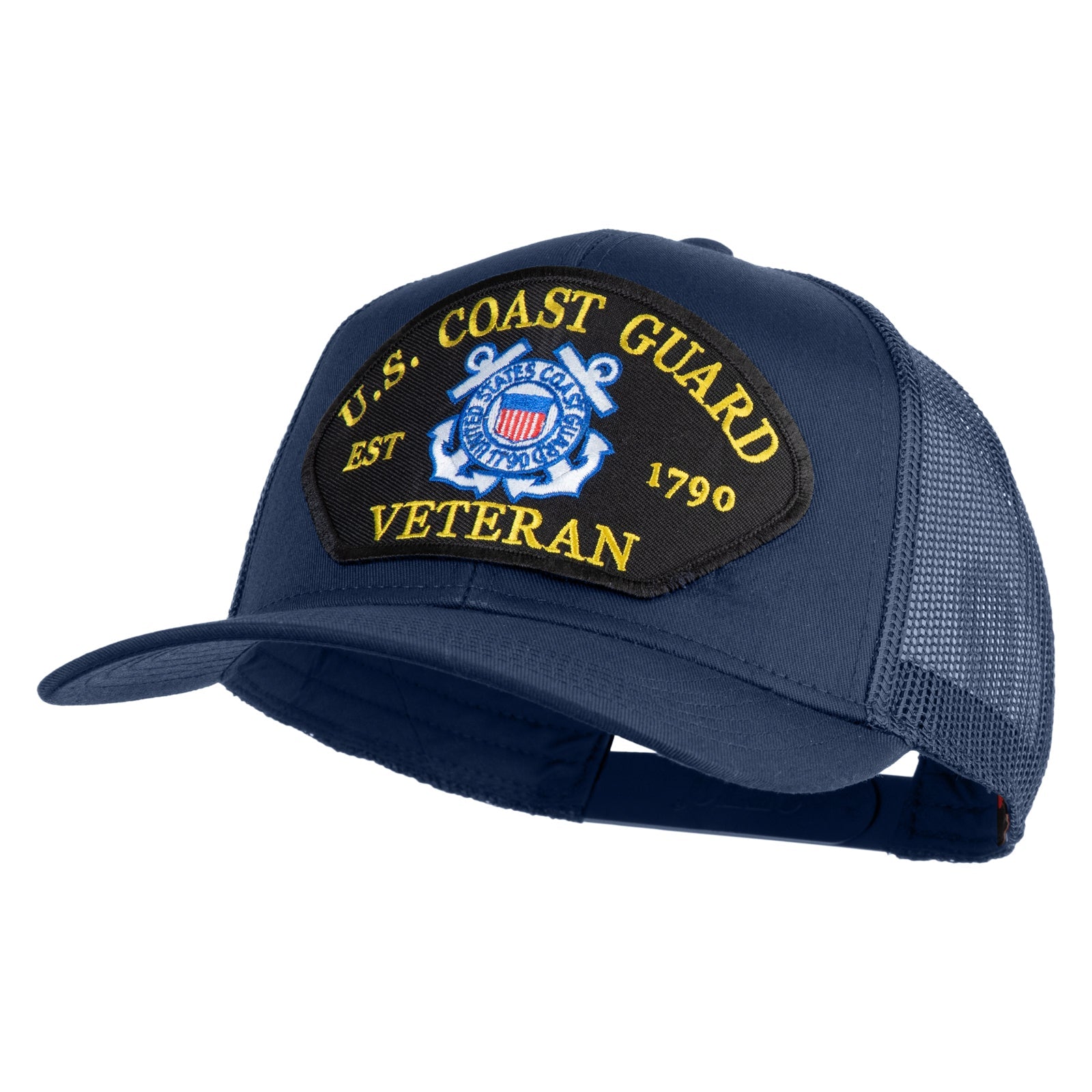 Blue cap with U.S. Coast Guard Veteran patch on a white background