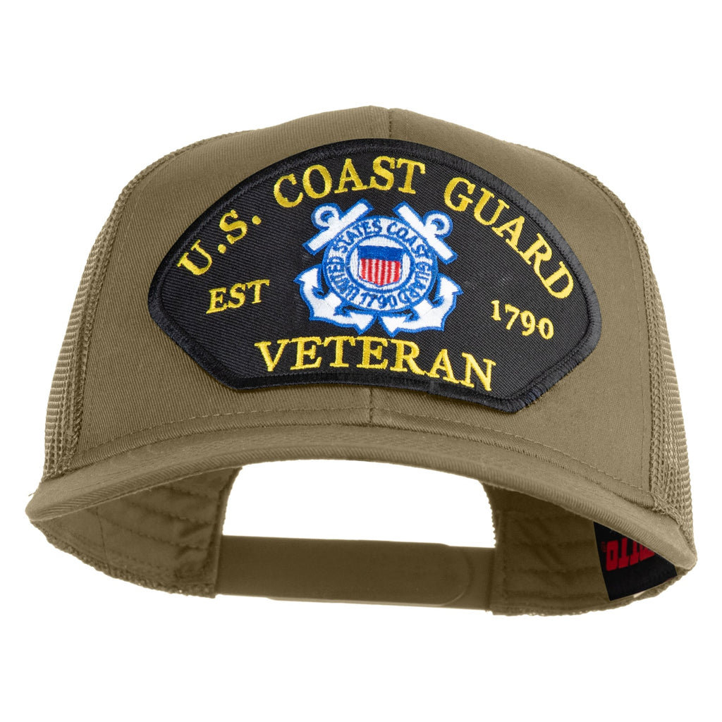 Khaki cap with U.S. Coast Guard Veteran patch on a white background