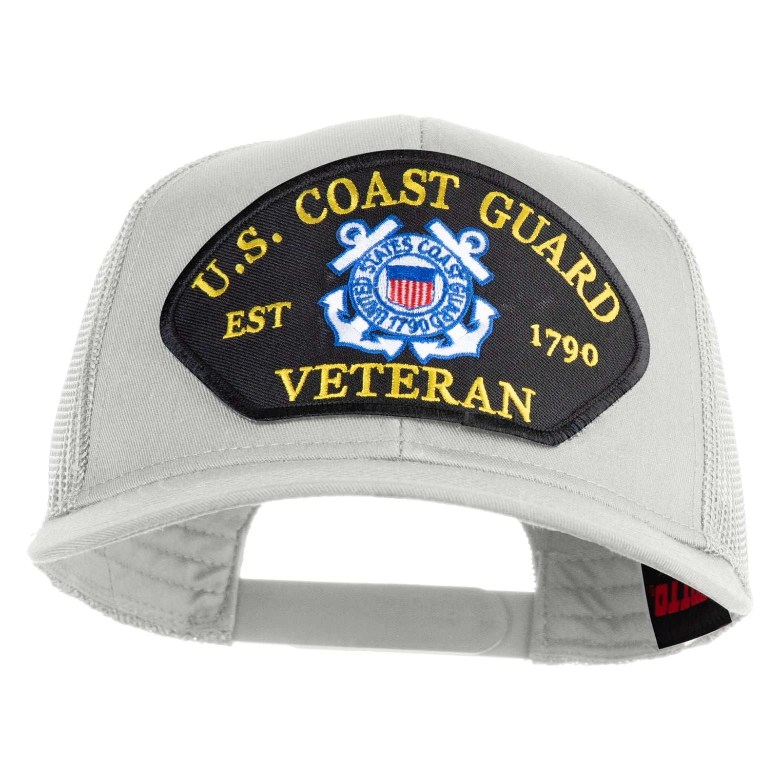 White cap with U.S. Coast Guard Veteran patch on a white background