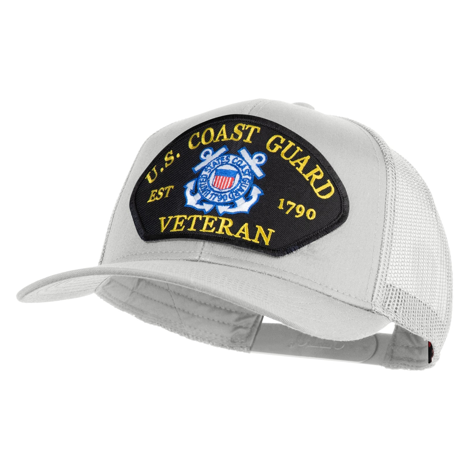 White cap with U.S. Coast Guard Veteran patch on a white background