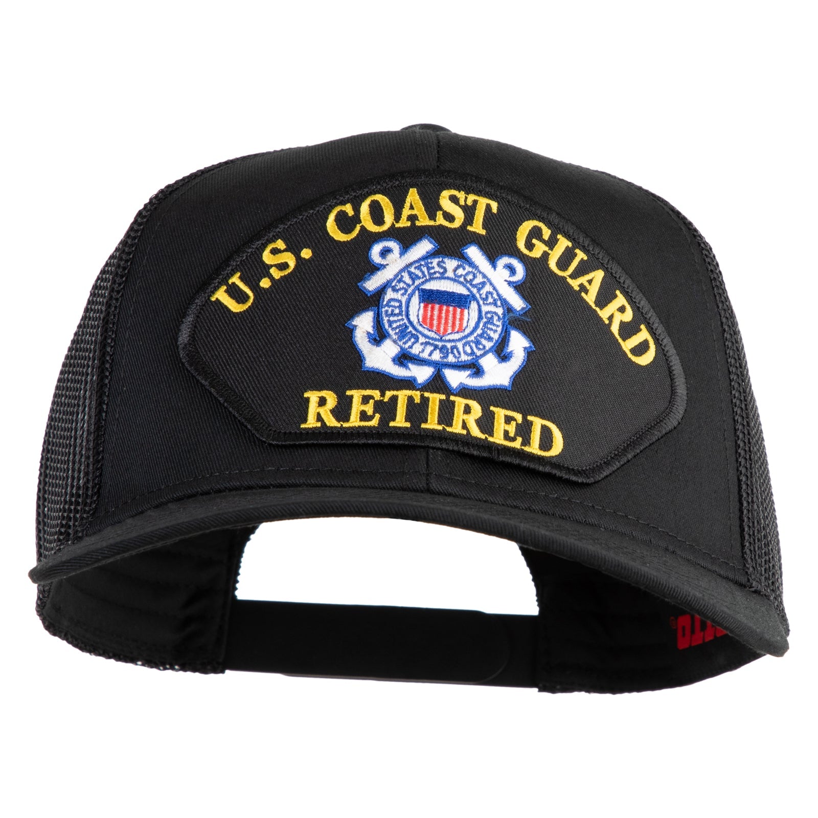 Black U.S. Coast Guard retired cap with embroidered badge and text on a white background