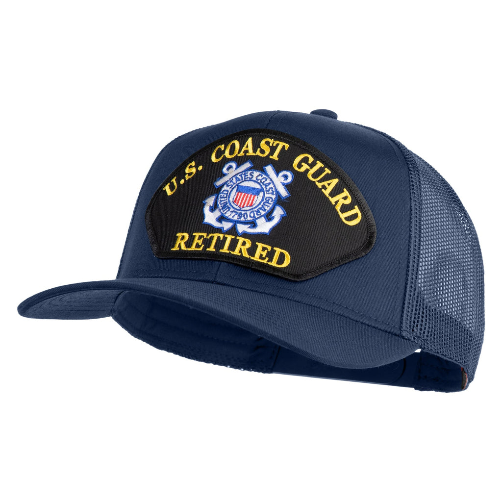 Blue U.S. Coast Guard retired cap with emblem on a white background