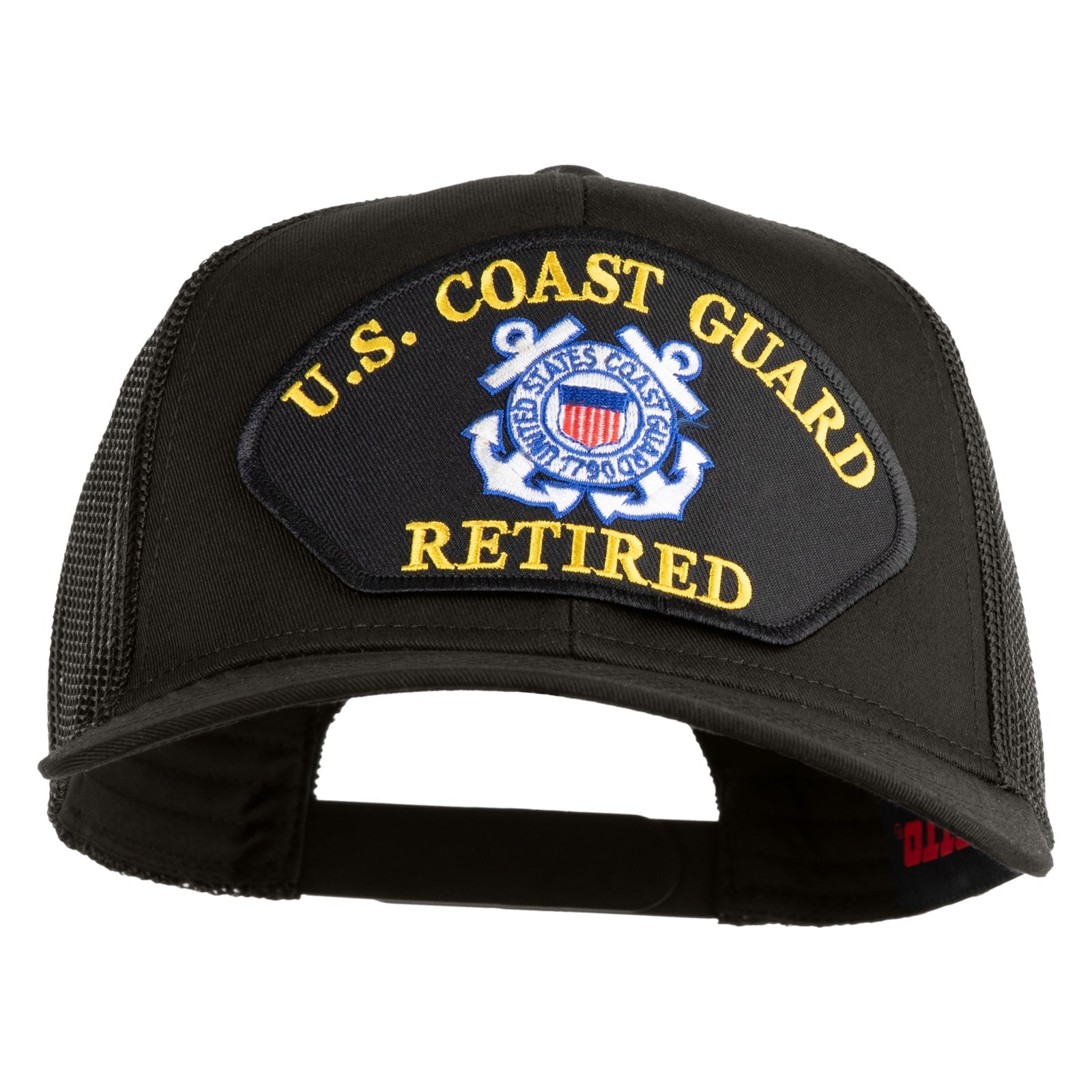 Black U.S. Coast Guard retired cap with embroidered badge and text on a white background