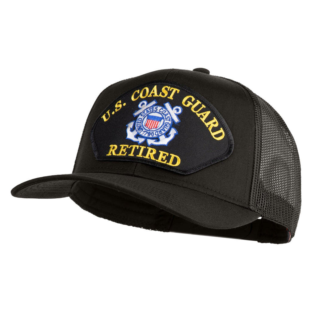 Black U.S. Coast Guard retired cap with emblem on a white background