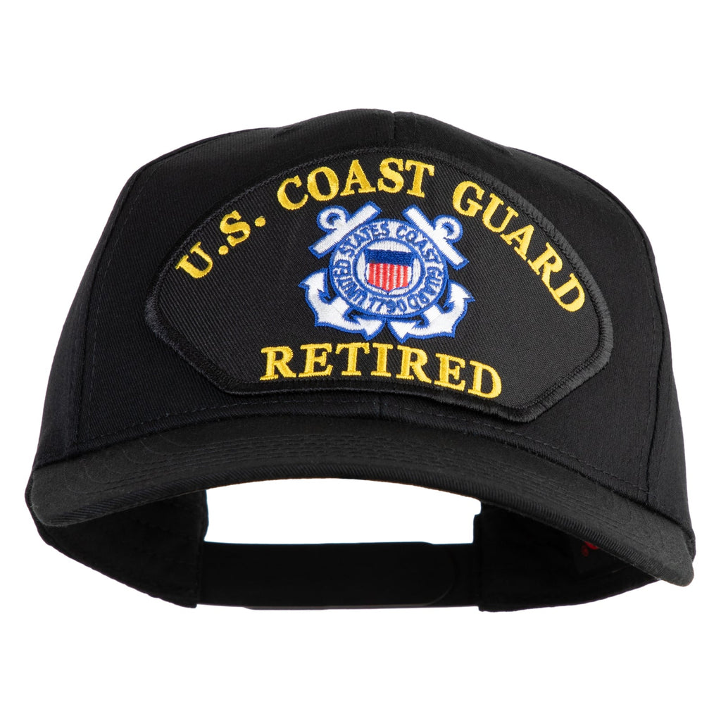 Black U.S. Coast Guard retired cap with embroidered emblem on a white background
