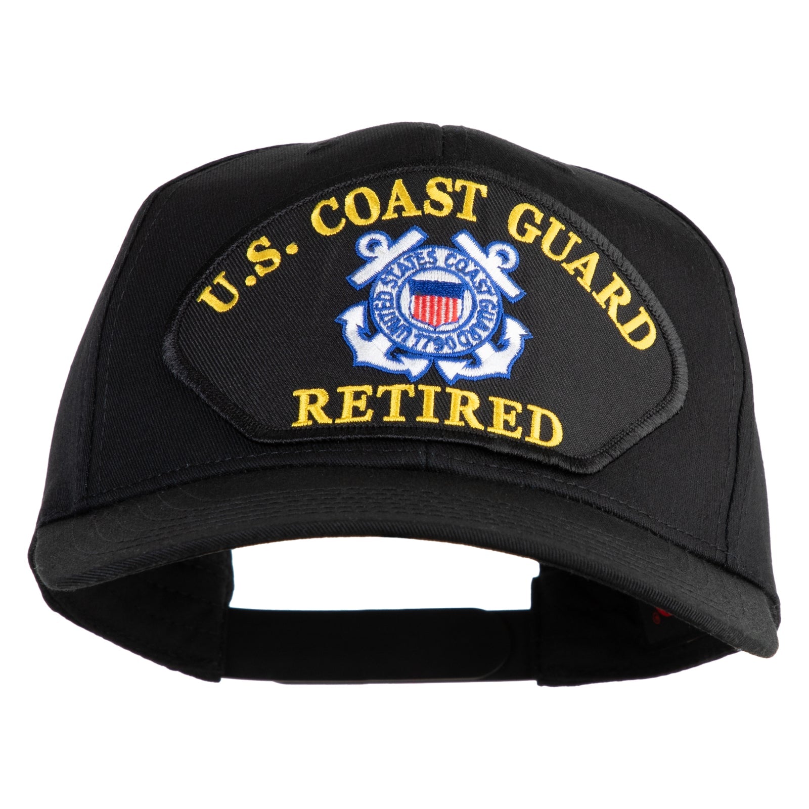 Black U.S. Coast Guard retired cap with embroidered emblem on a white background