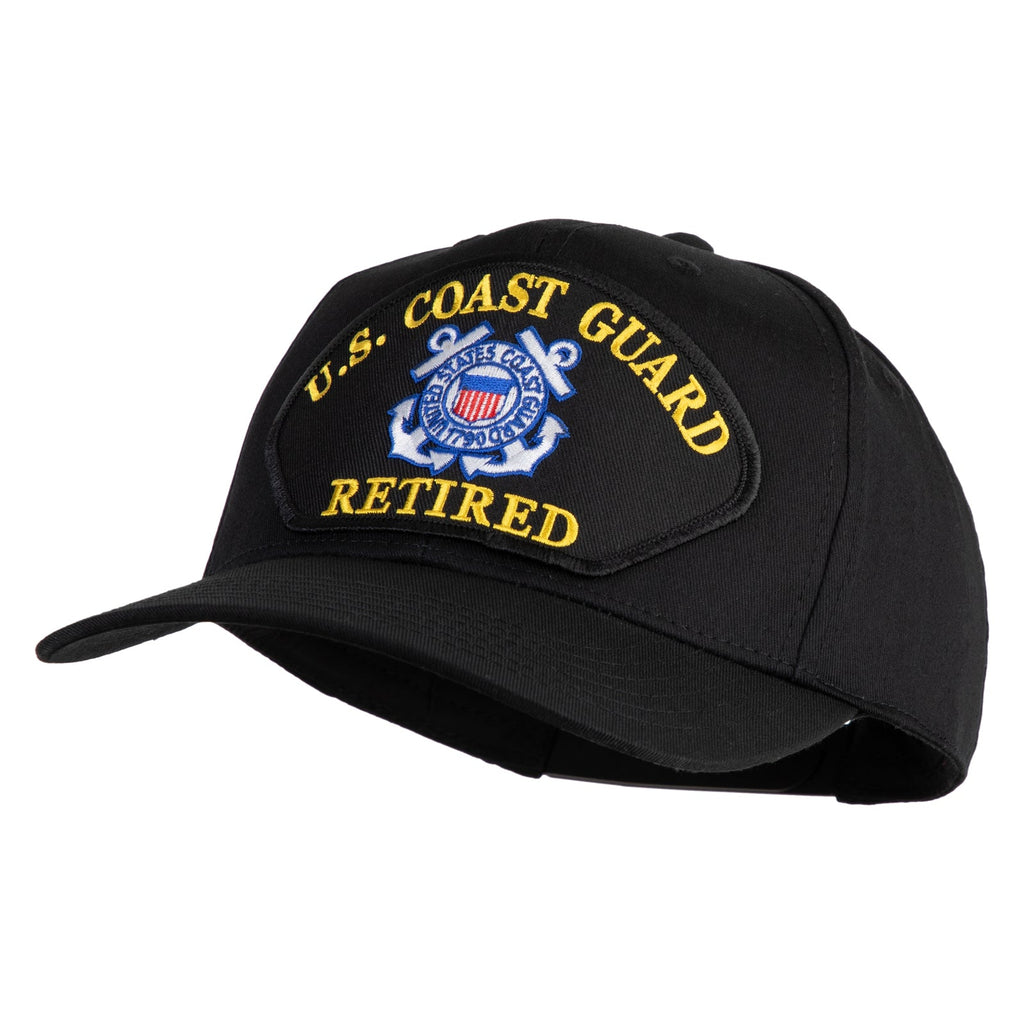 Black U.S. Coast Guard retired cap with embroidered text and emblem on a white background