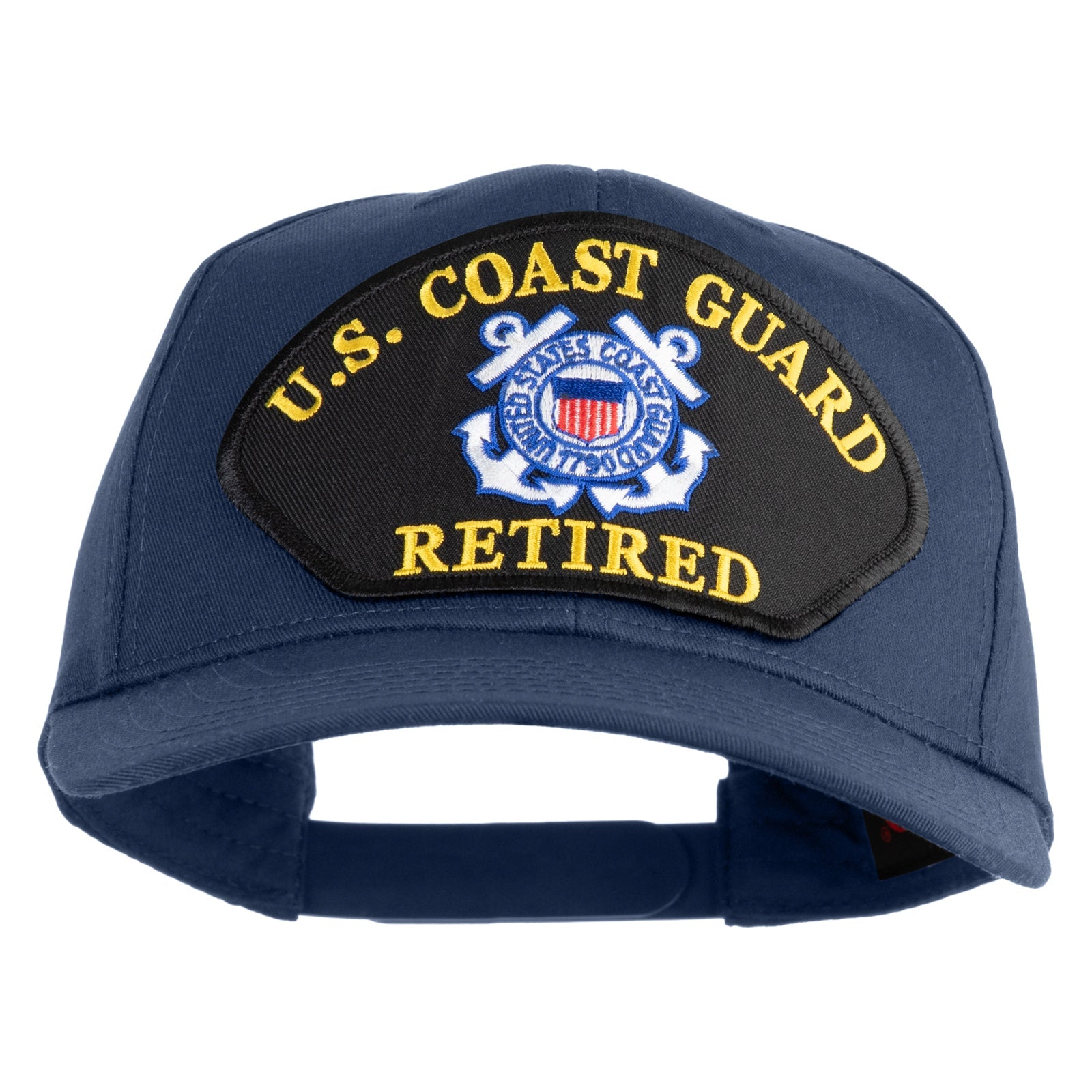 Blue U.S. Coast Guard retired cap with emblem on a white background