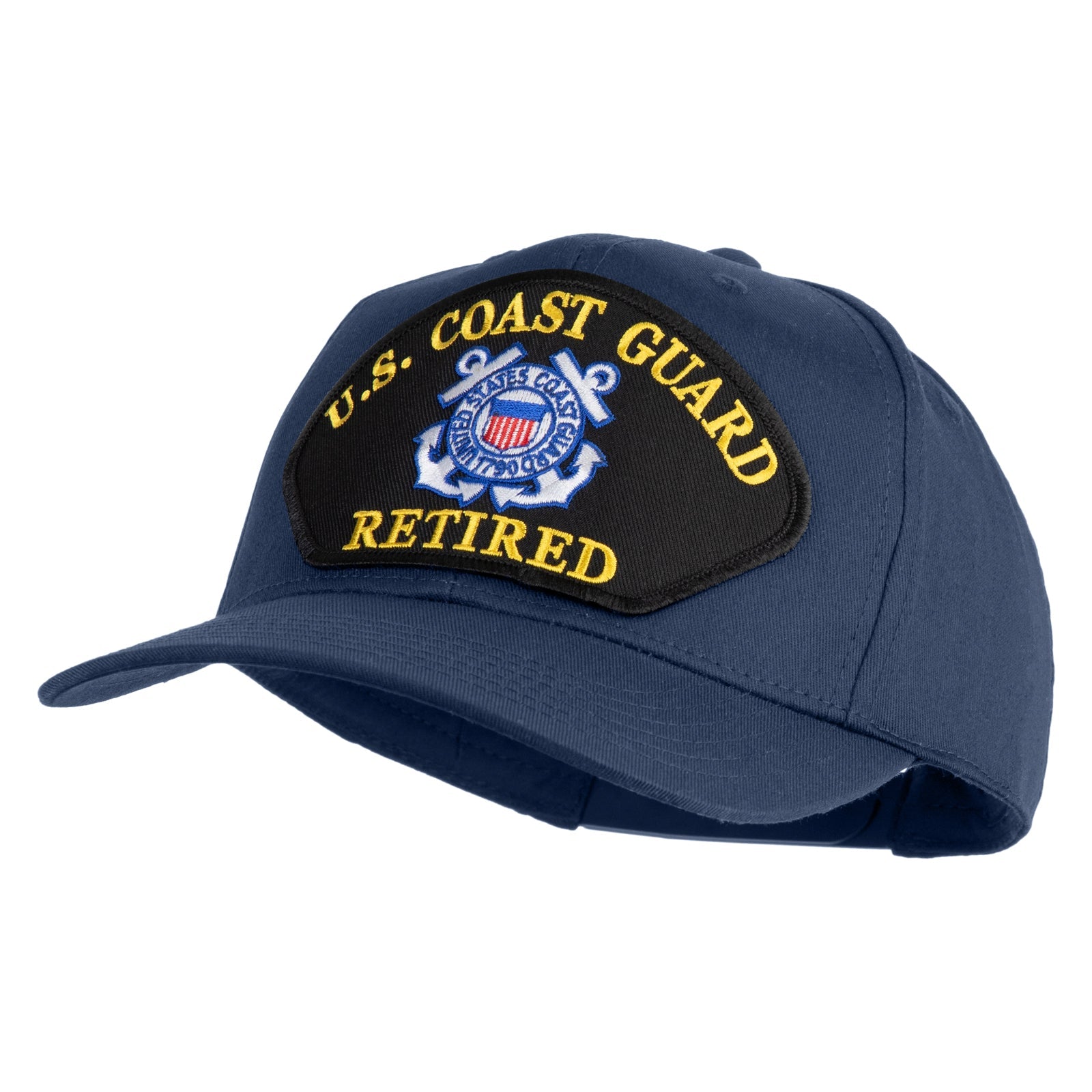 Blue U.S. Coast Guard retired cap with emblem on a white background