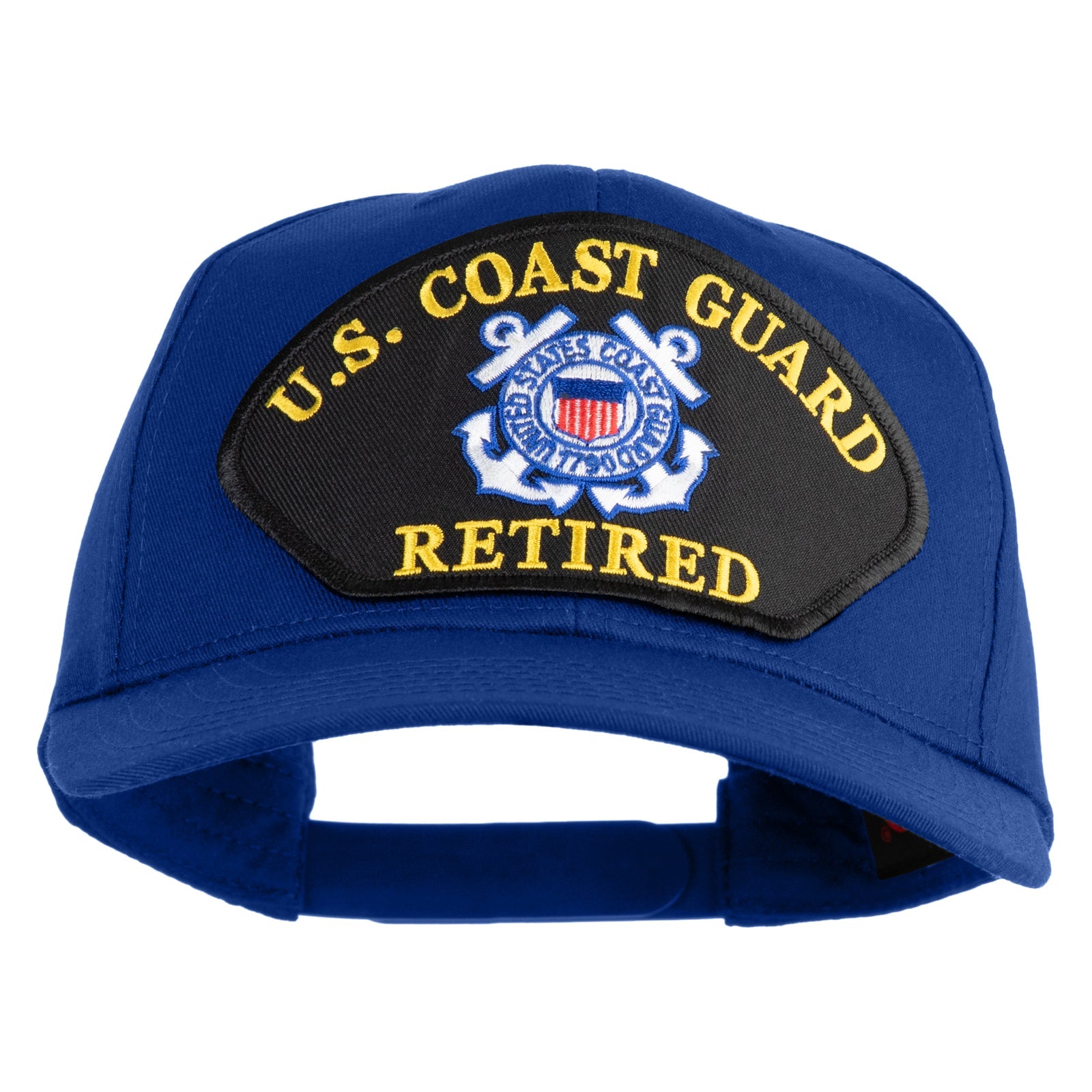 Blue U.S. Coast Guard retired cap with emblem on a white background