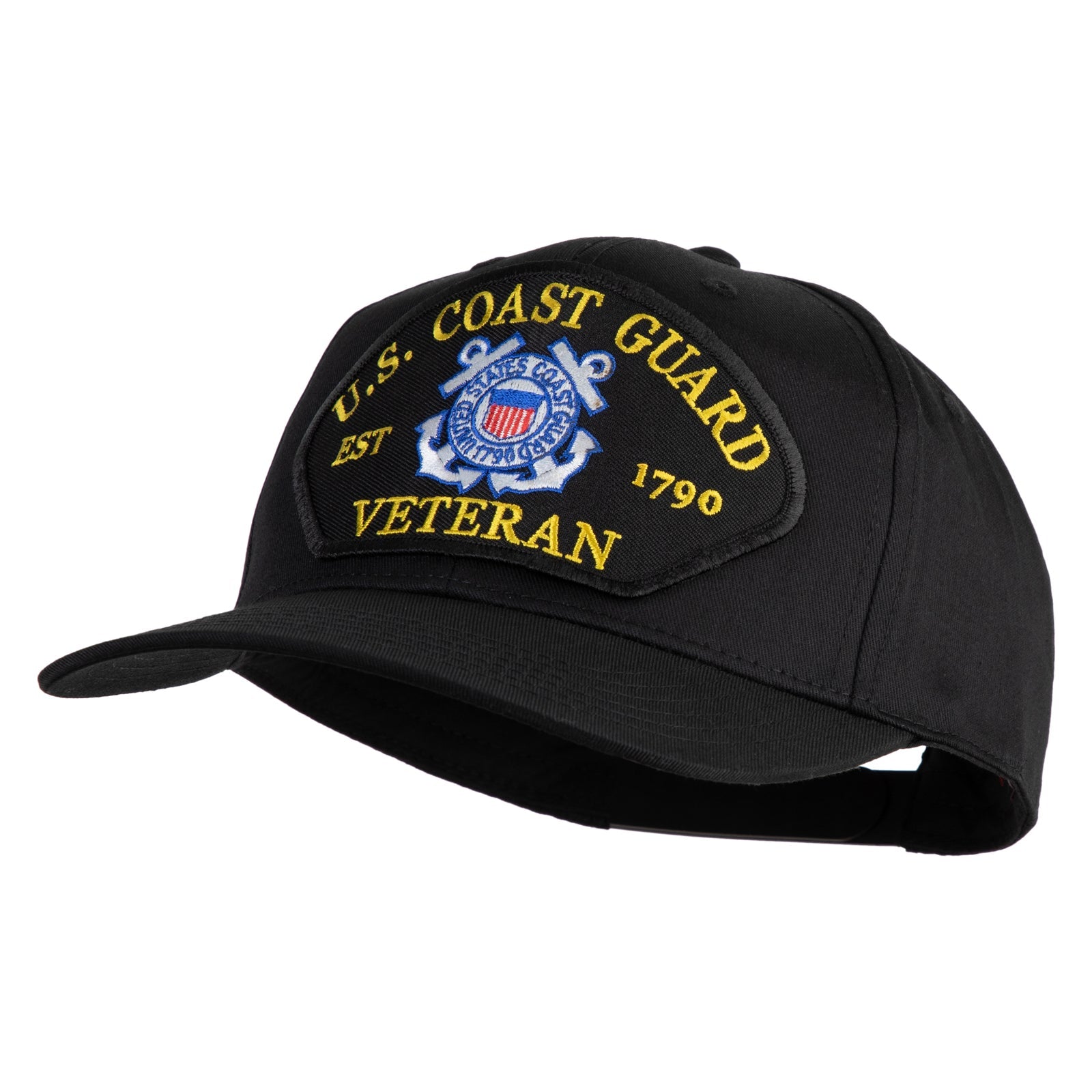 Black cap with U.S. Coast Guard Veteran patch on a white background